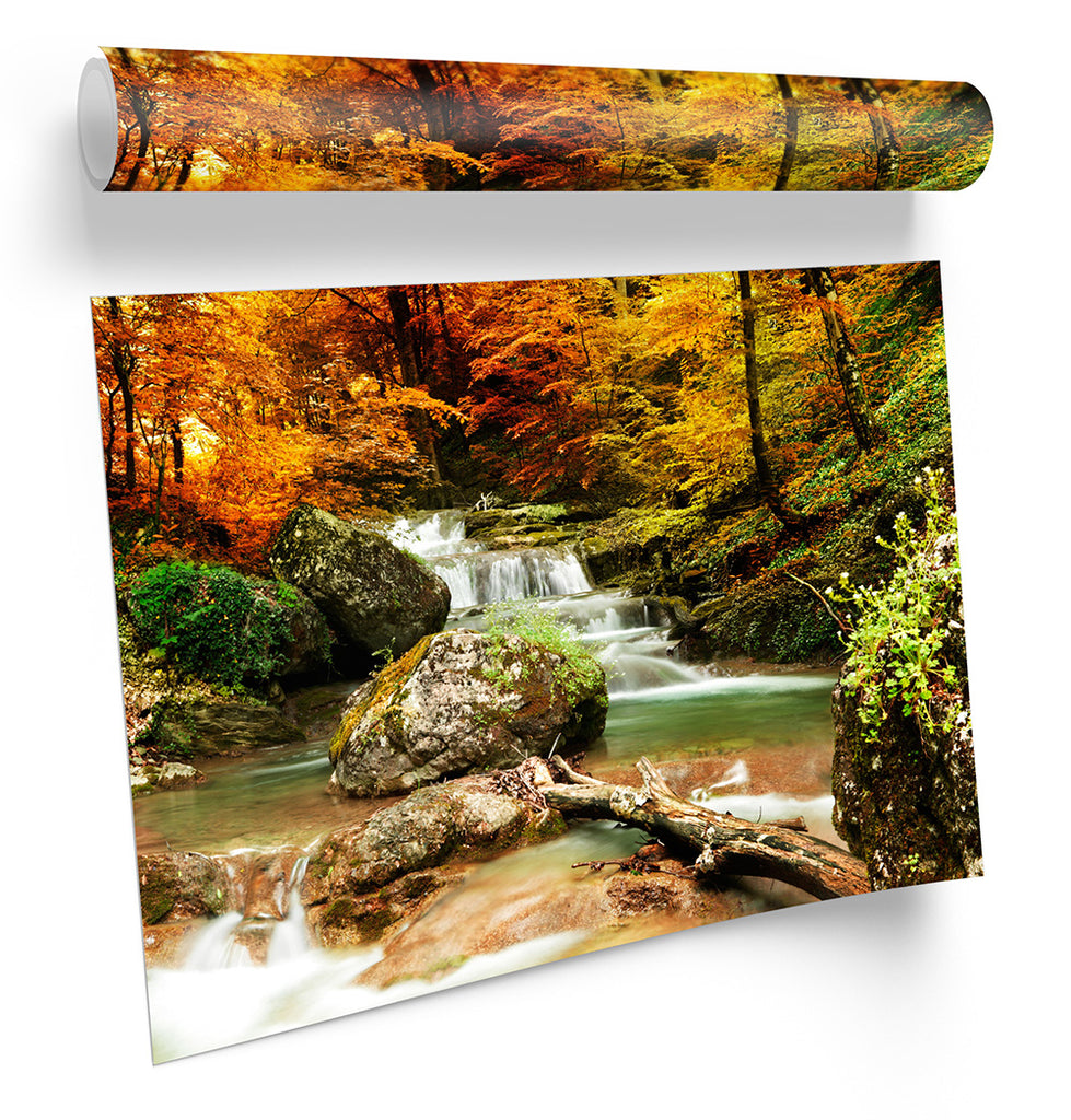 Autumn Forest Landscape River Waterfall Framed