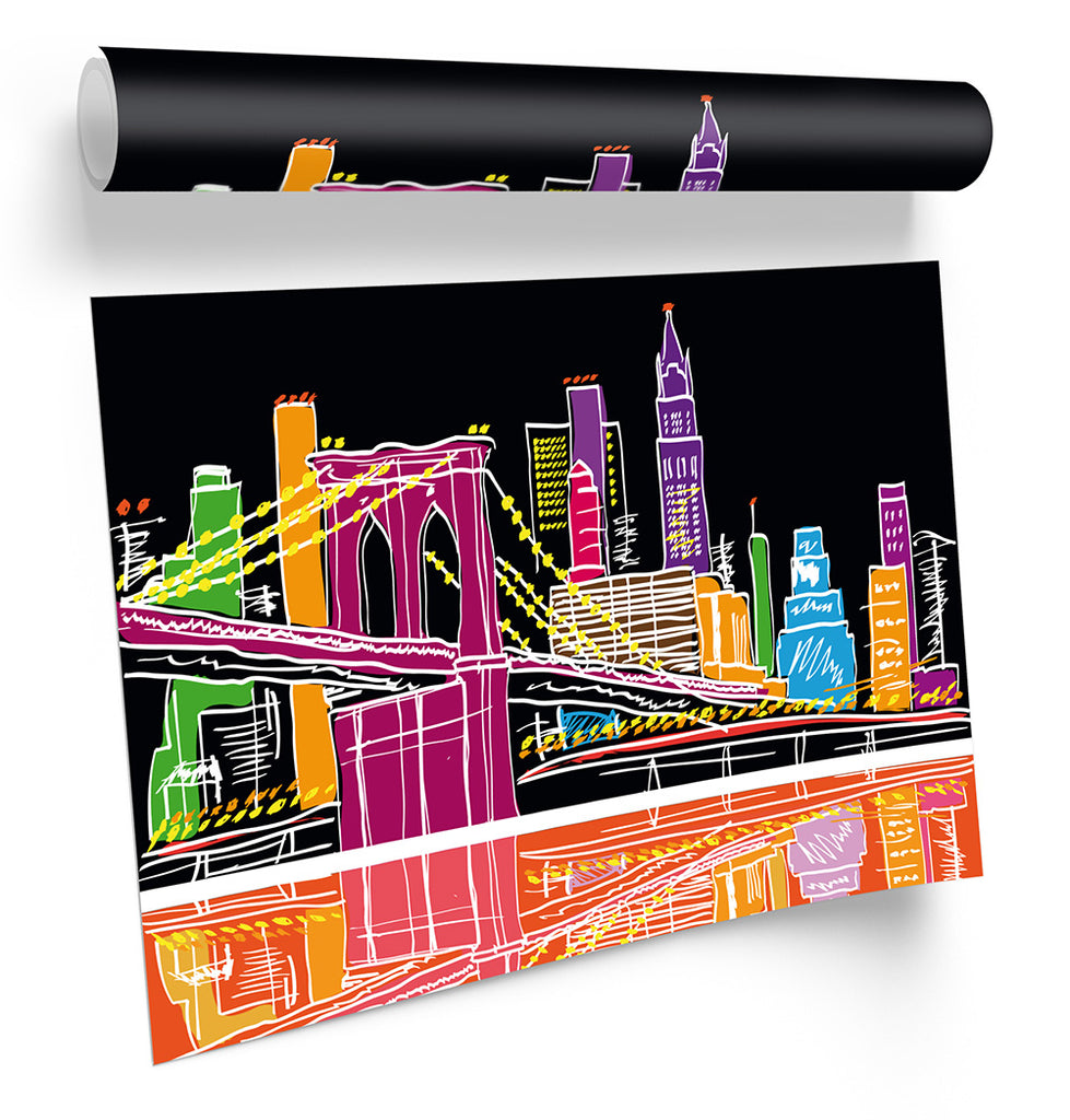 New York City Modern Illustration Multi-Coloured Framed