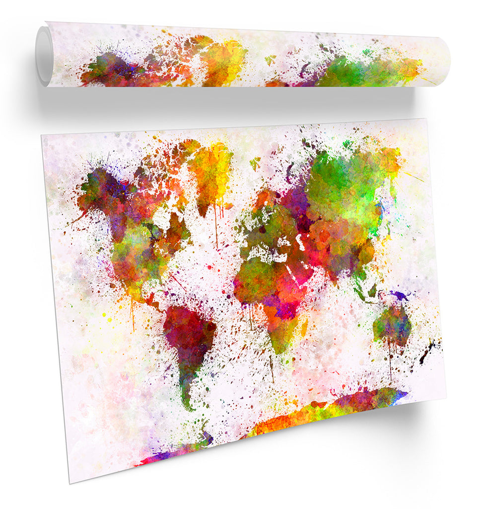Watercolour World Map Multi-Coloured Framed