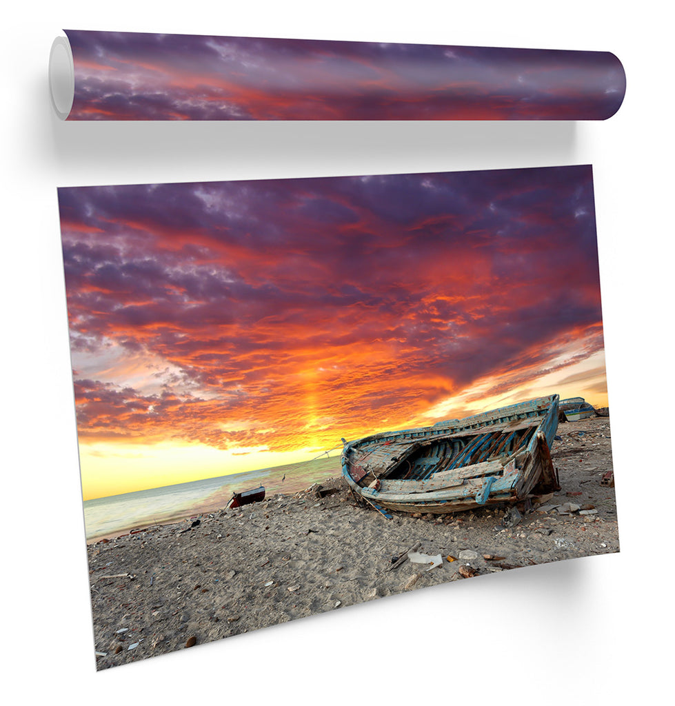 Sunset Beach Boat Framed