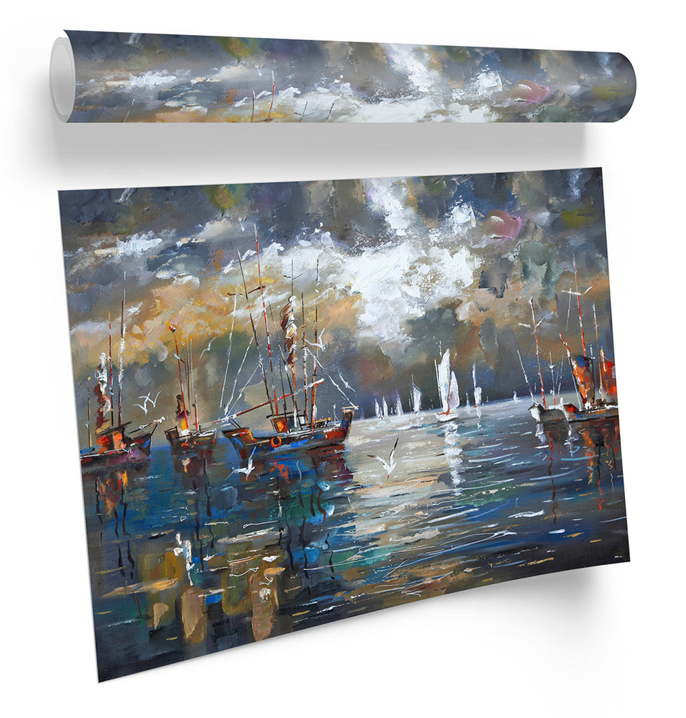 Stormy Sail Boats Harbour Multi-Coloured Framed