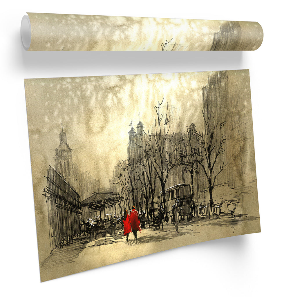 Couple in Red Street City Sketch Brown Framed