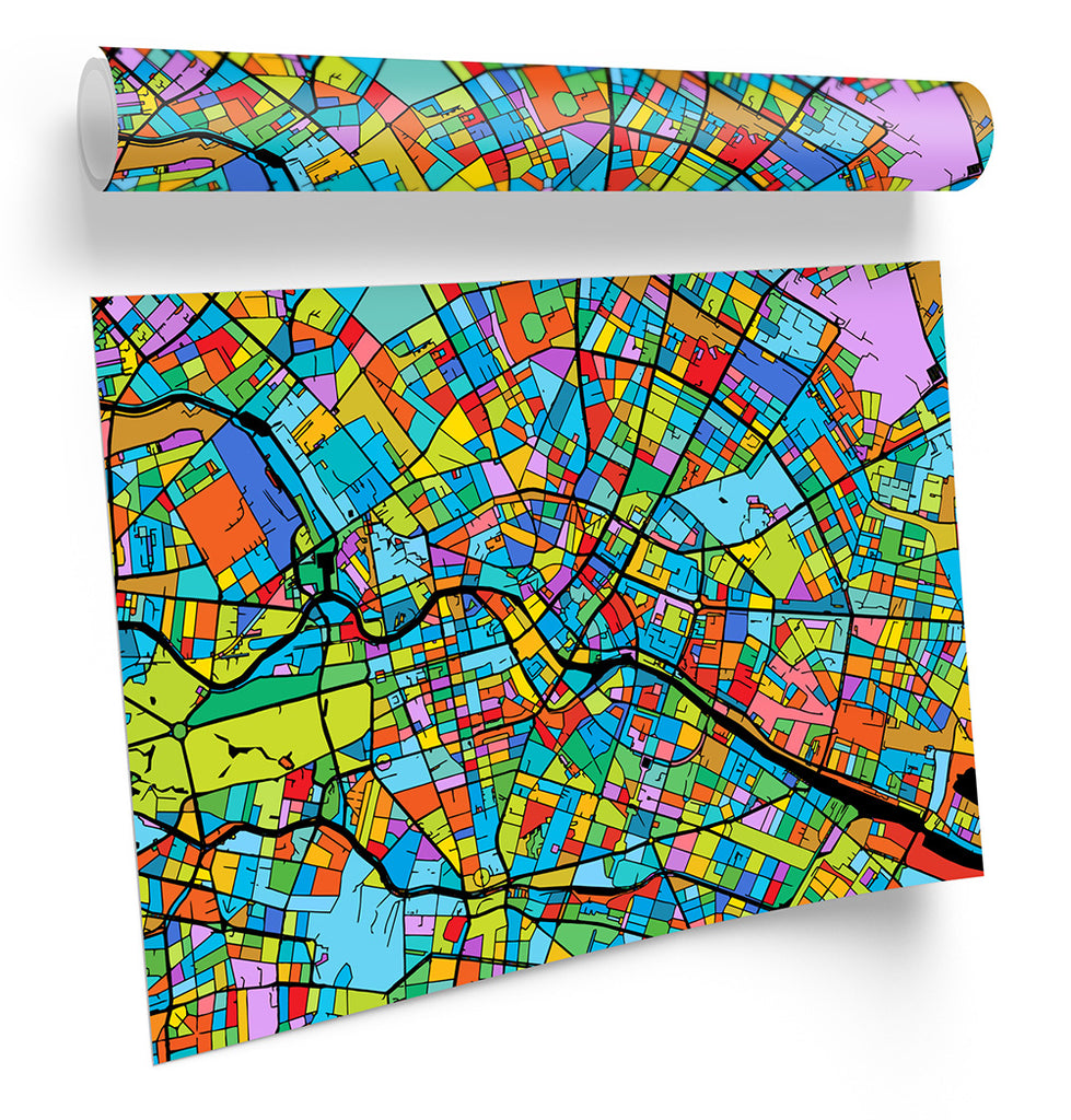 Berlin City Modern Map Multi-Coloured Framed