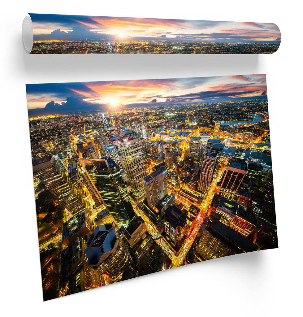 Sydney City Skyline Sunset Multi-Coloured Framed