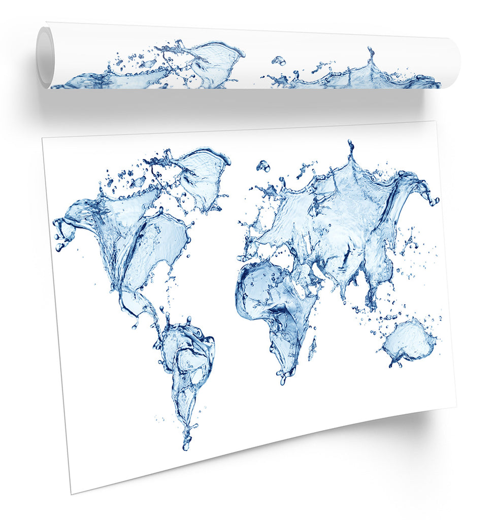 Map World Water Blue Framed