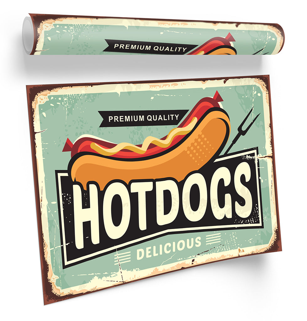 Hotdogs Retro Kitchen Cafe Green Framed