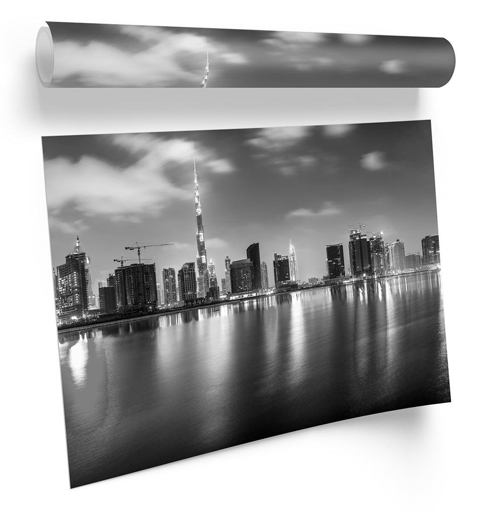 Dubai Skyline City Night B&W Framed