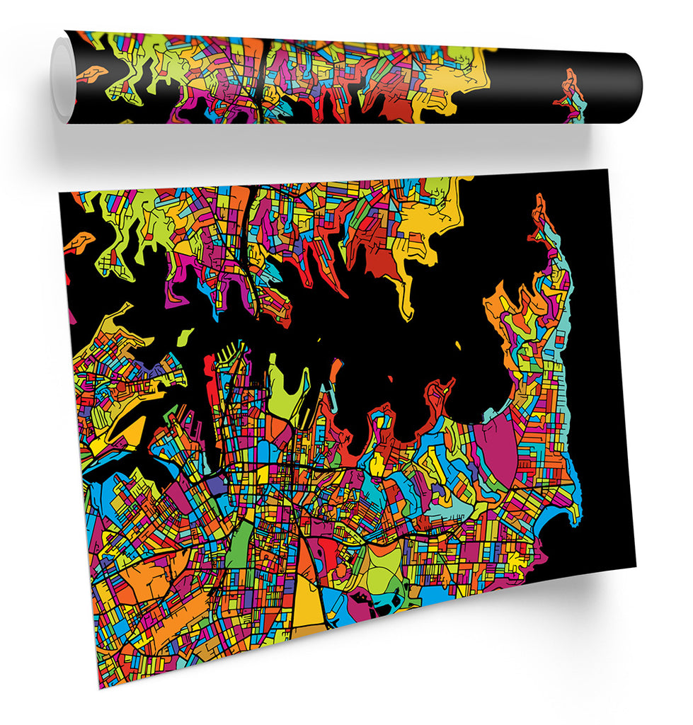 Sydney City Modern Map Multi-Coloured Framed