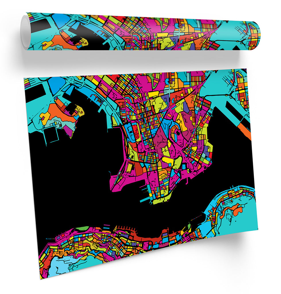 Hong Kong City Modern Map Multi-Coloured Framed