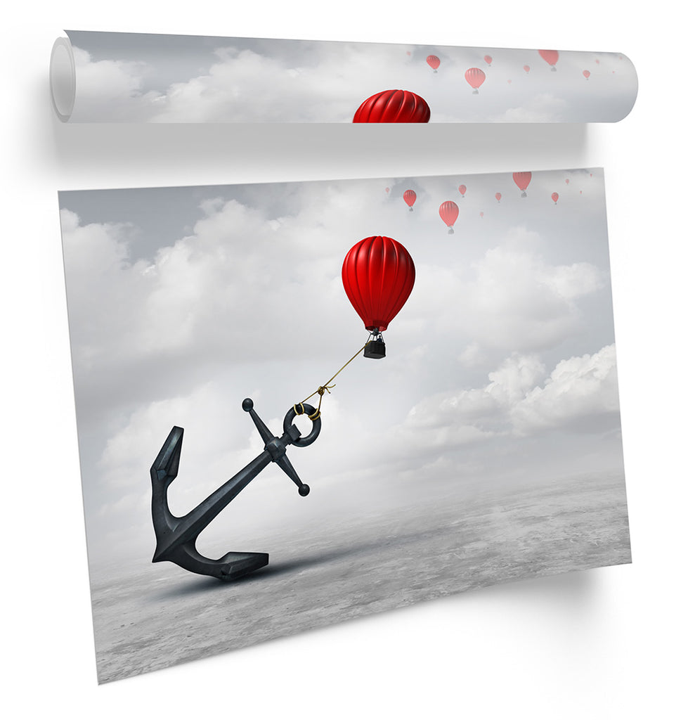 Red Balloons Anchor Surrealism Grey Framed
