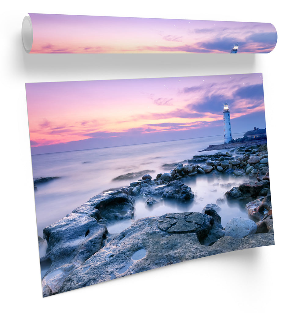 Lighthouse Sunset Seascape Pink Framed