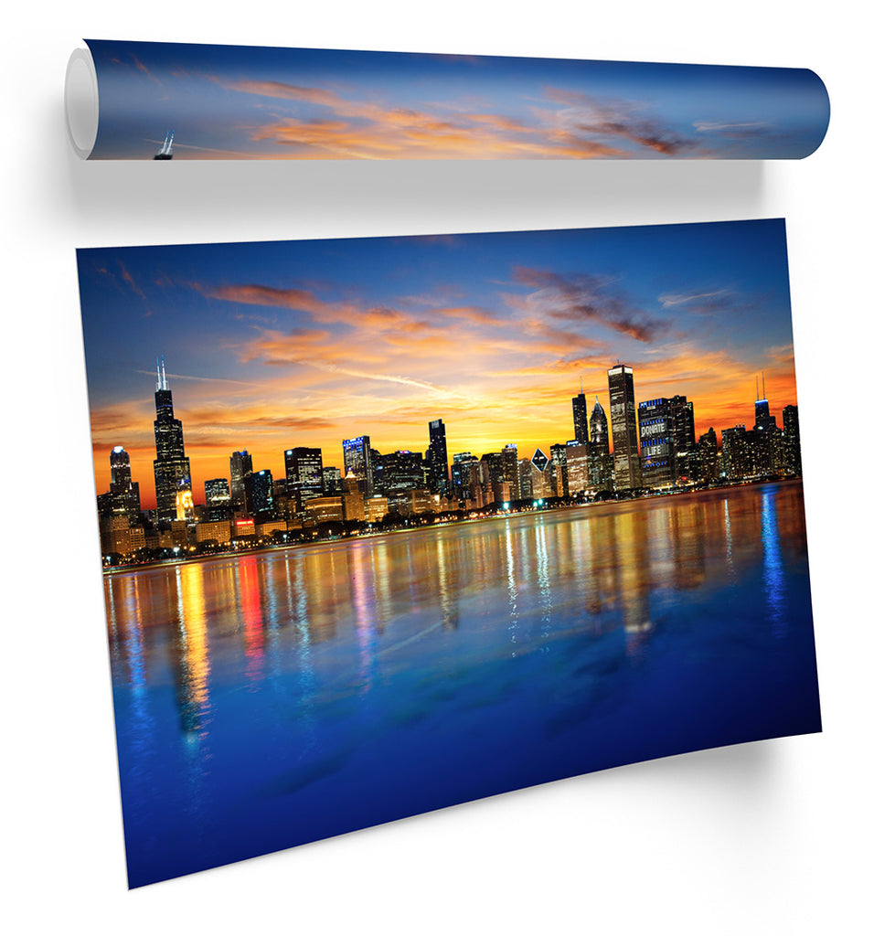 Chicago Illinois Sunset Skyline Framed