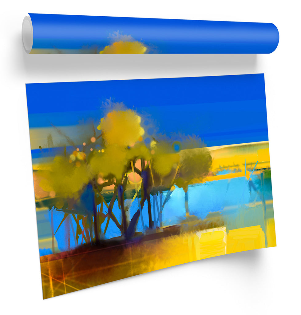 Blue Landscape Abstract Yellow Framed