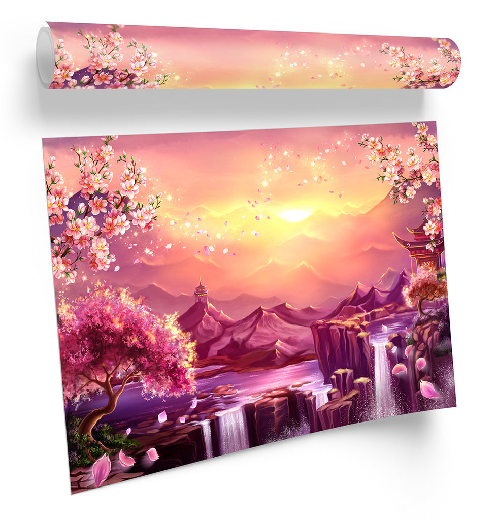 Oriental Landscape Waterfall Framed