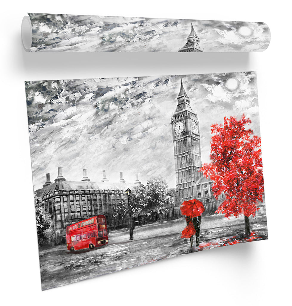 London Bus Big Ben Floral Red Framed