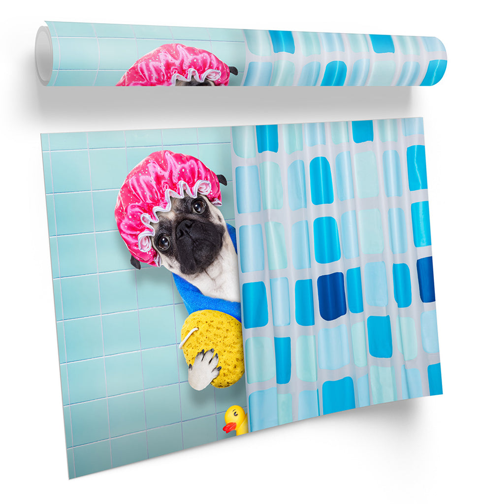 Pug Dog Shower Bathroom Blue Framed
