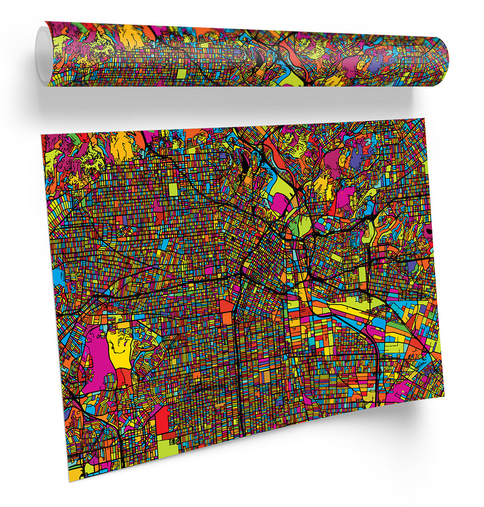 Los Angeles Modern Map Multi-Coloured Framed