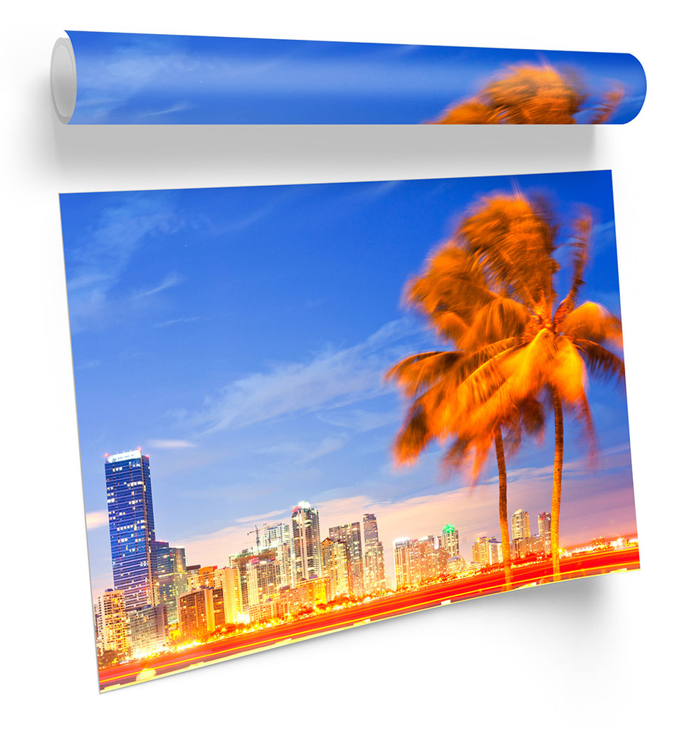 Miami Florida City Skyline Palm Tree Framed