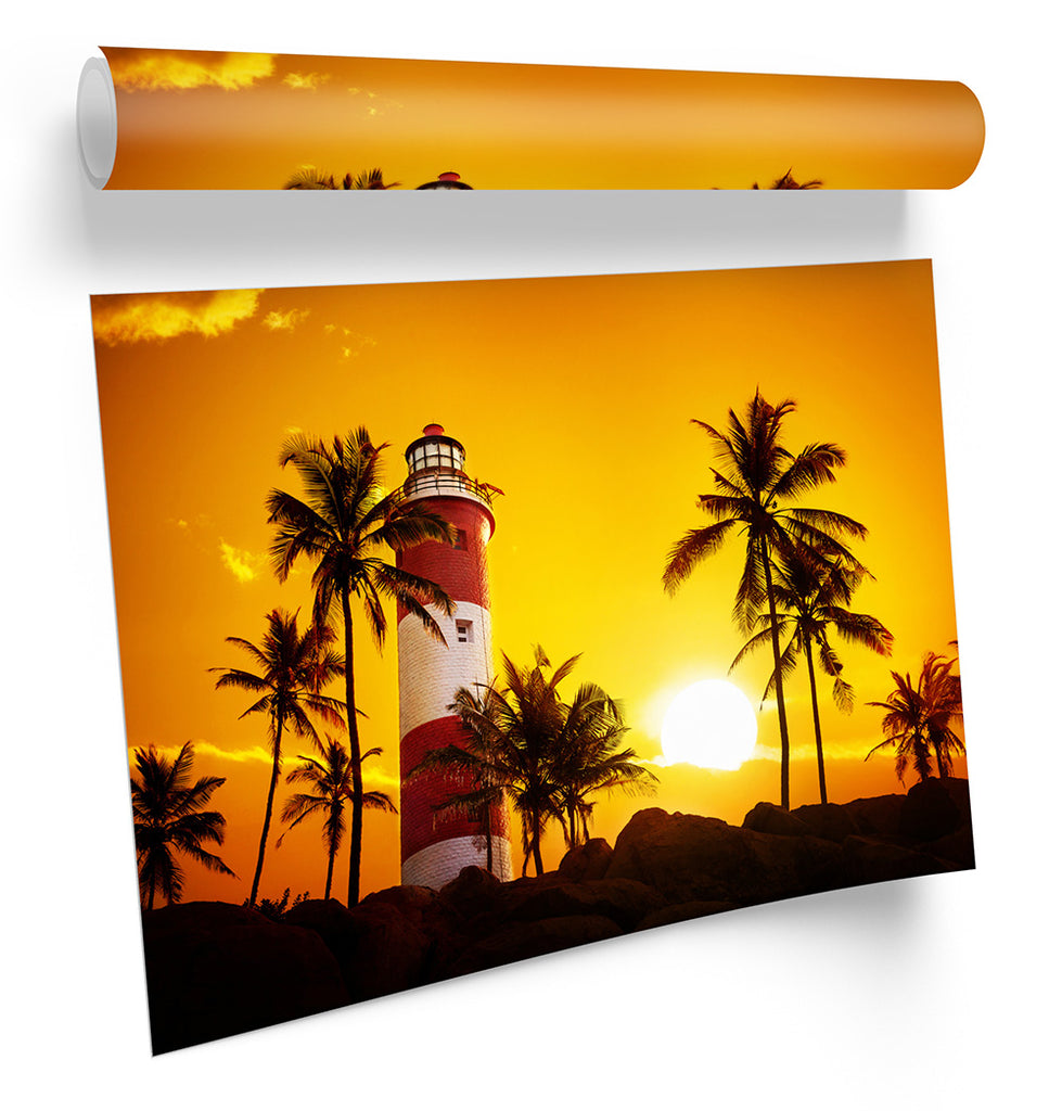 Lighthouse Palm Trees Sunset Orange Framed