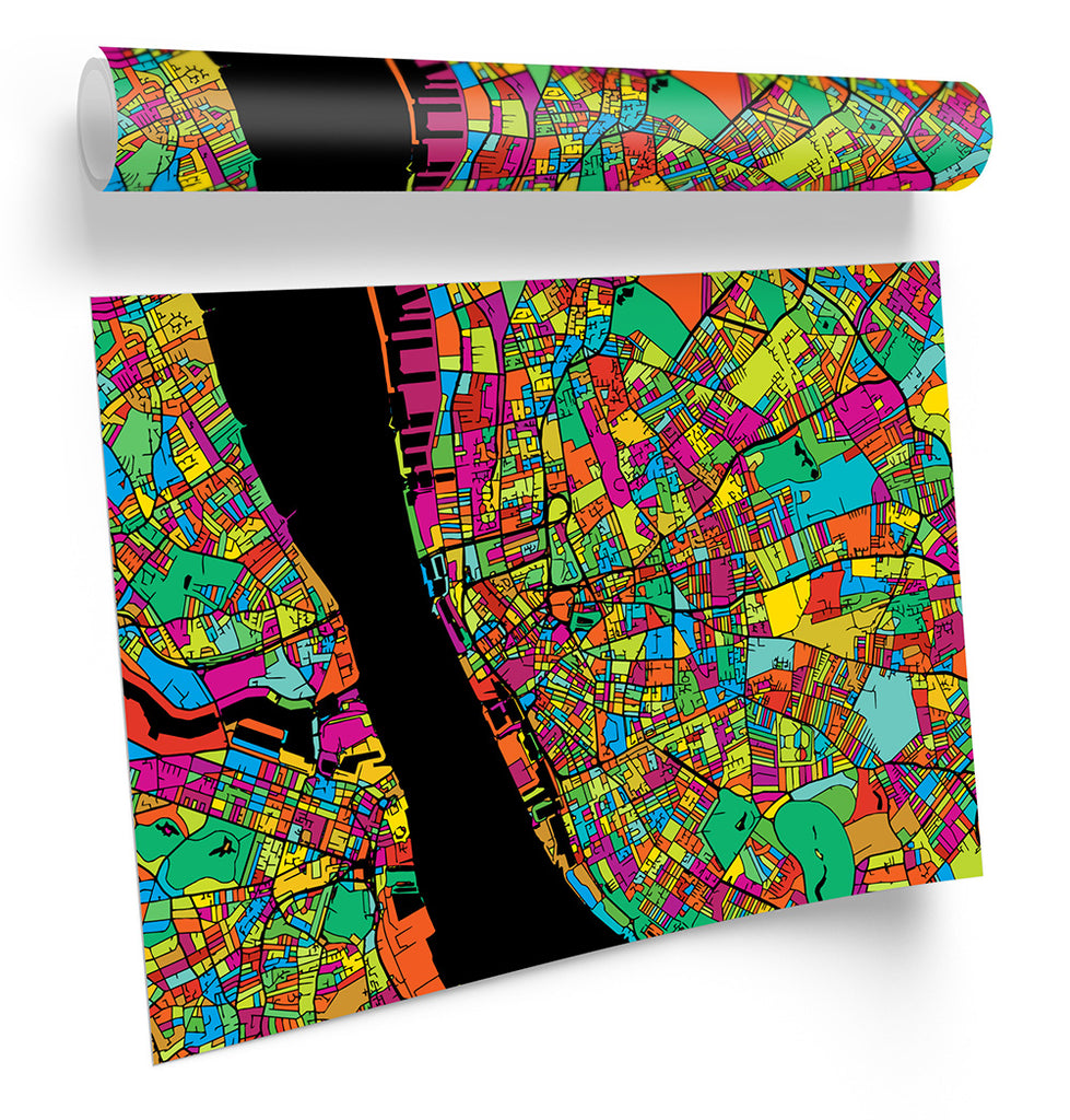 Liverpool City Modern Map Multi-Coloured Framed