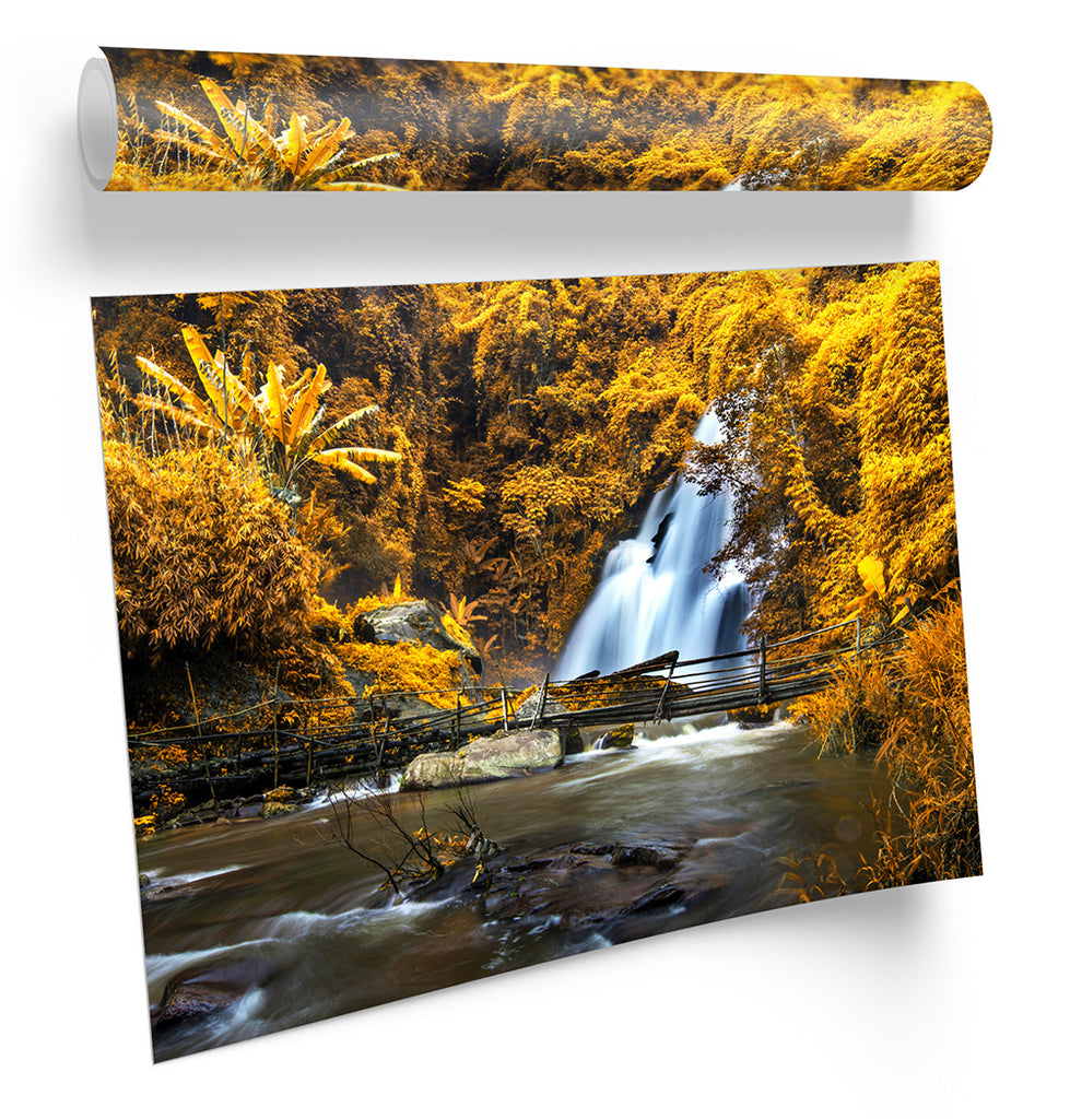 Waterfall Landscape Forest Orange Framed