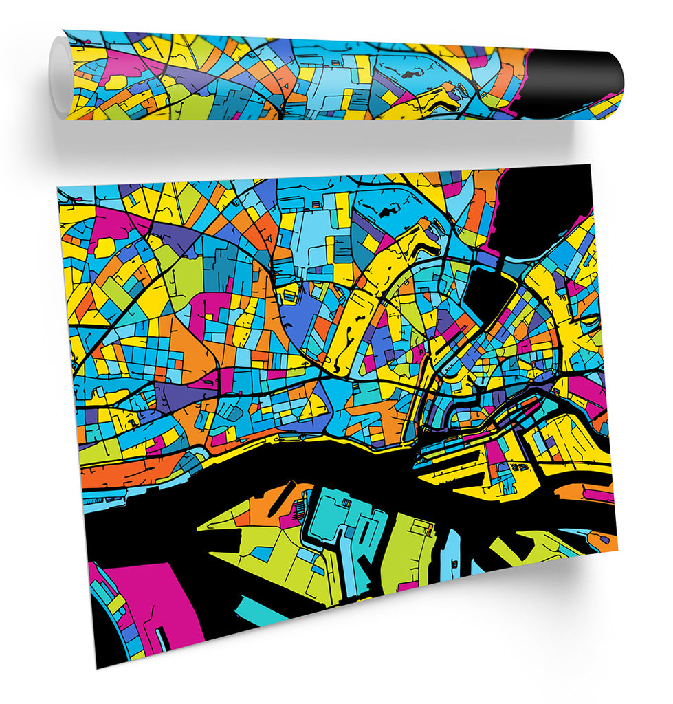 Hamburgh City Modern Map Multi-Coloured Framed
