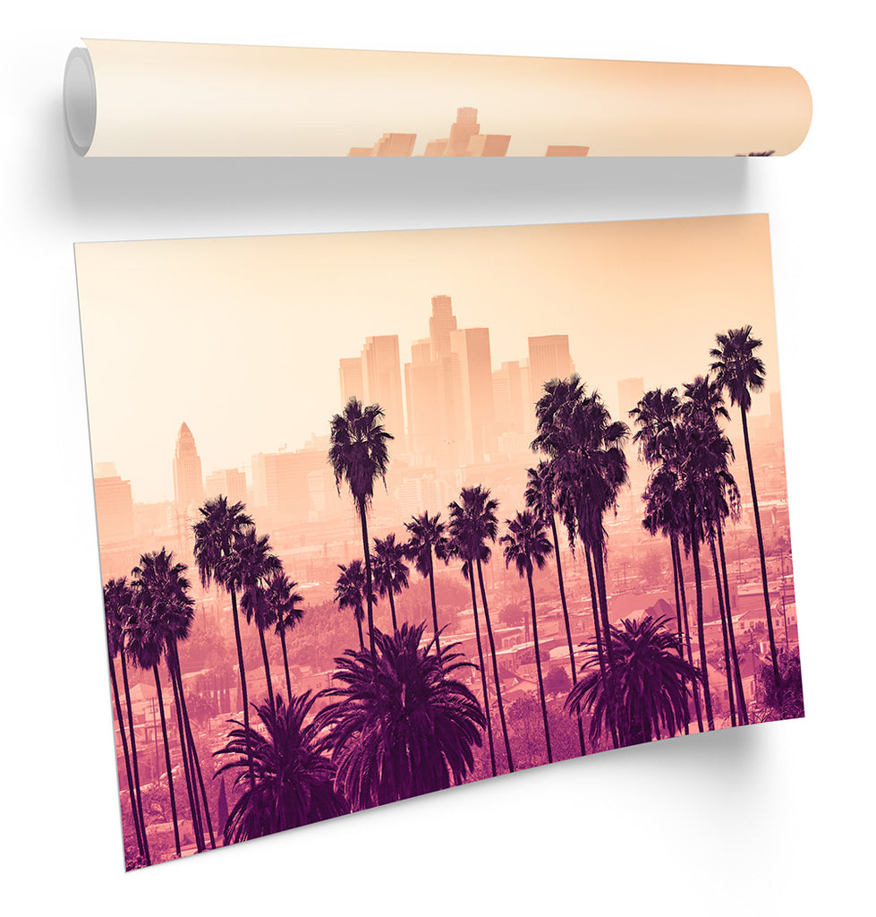 Los Angeles City Palm Trees Pink Framed