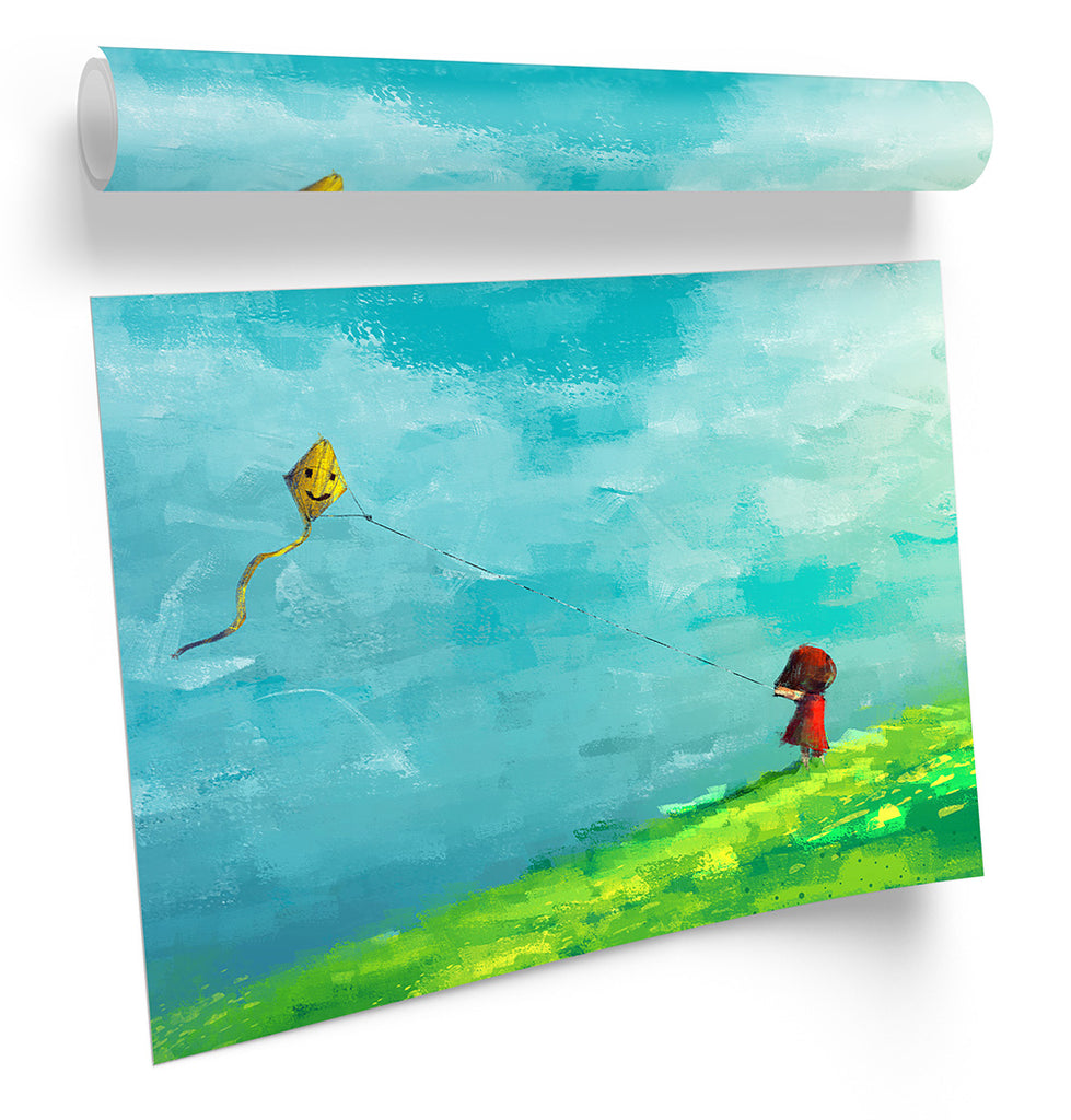 Red Girl Yellow Kite Field Framed