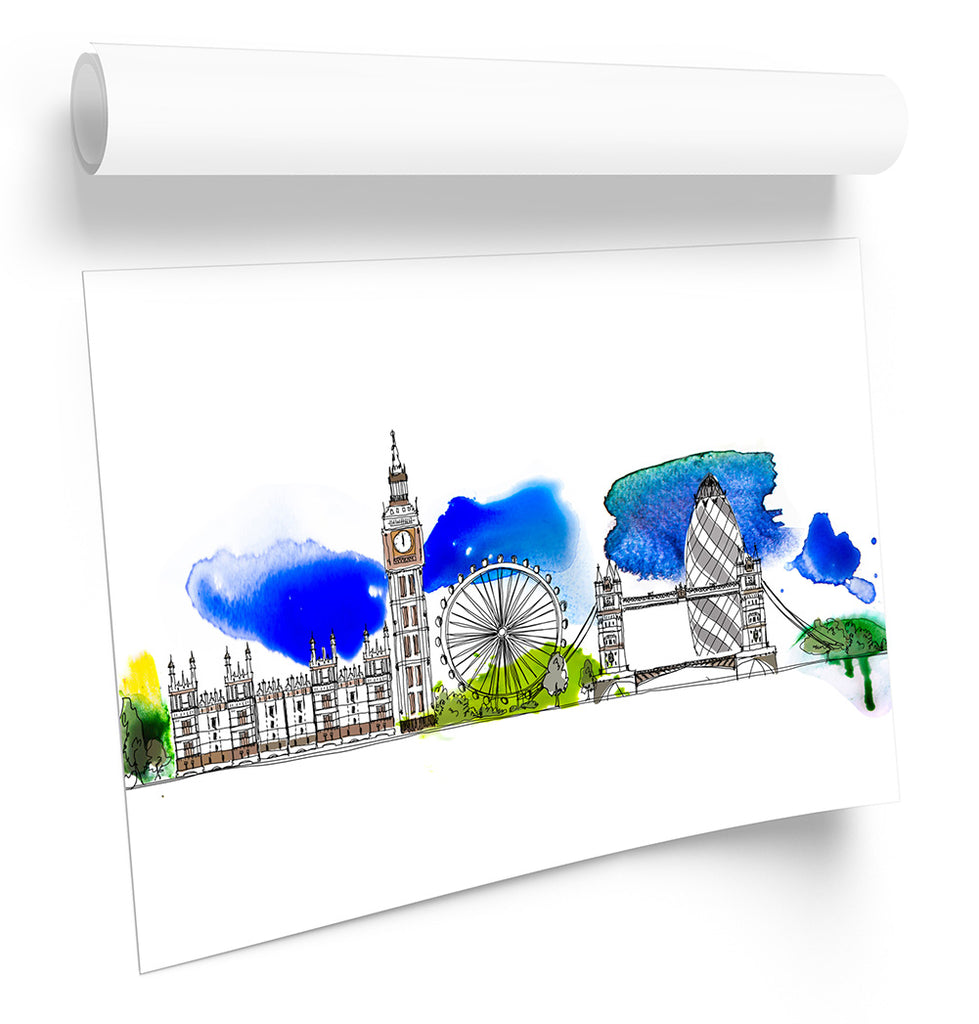 London Famous Landmarks Blue Framed