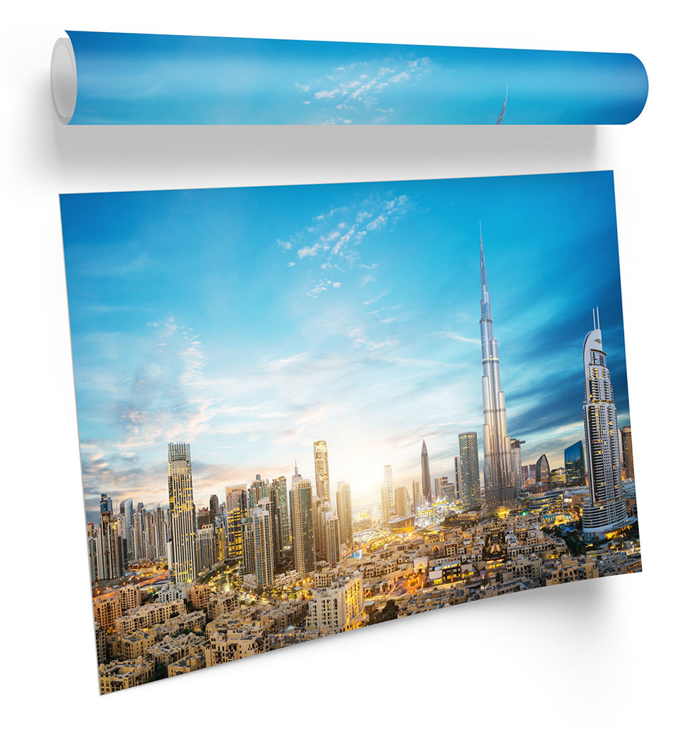 Dubai Sunset City Skyline Blue Framed