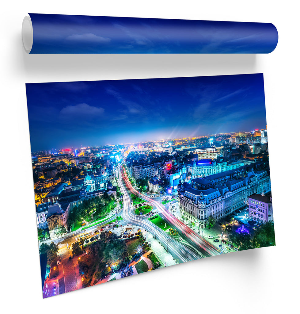 Bucharest City Skyline Blue Framed