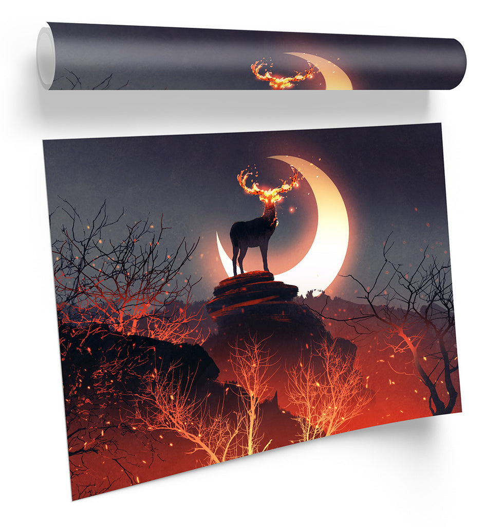 Stag Deer Moon Landscape Multi-Coloured Framed