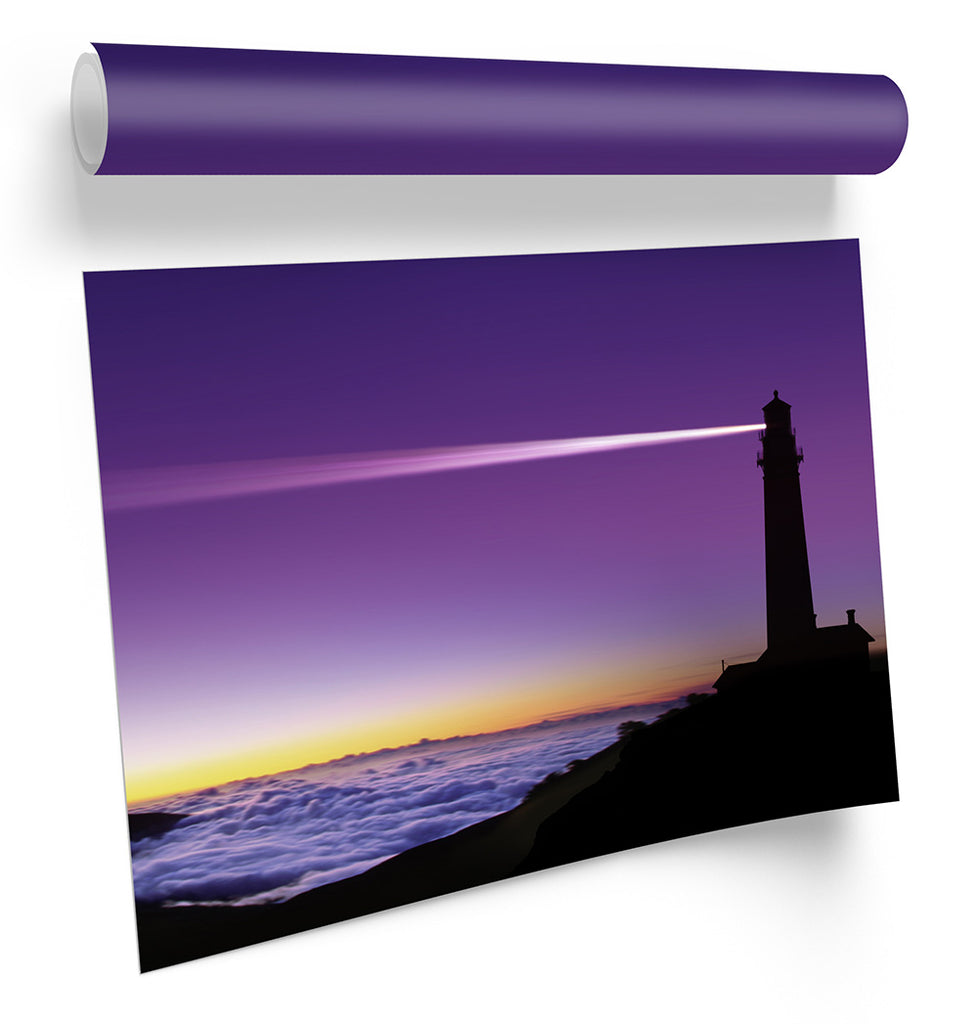 Purple Lighthouse Sunset Beach Framed