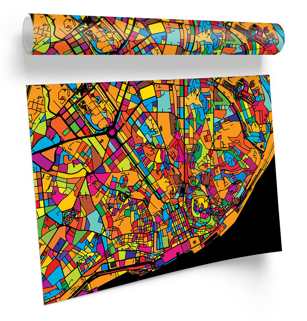 Lisbon City Modern Map Multi-Coloured Framed