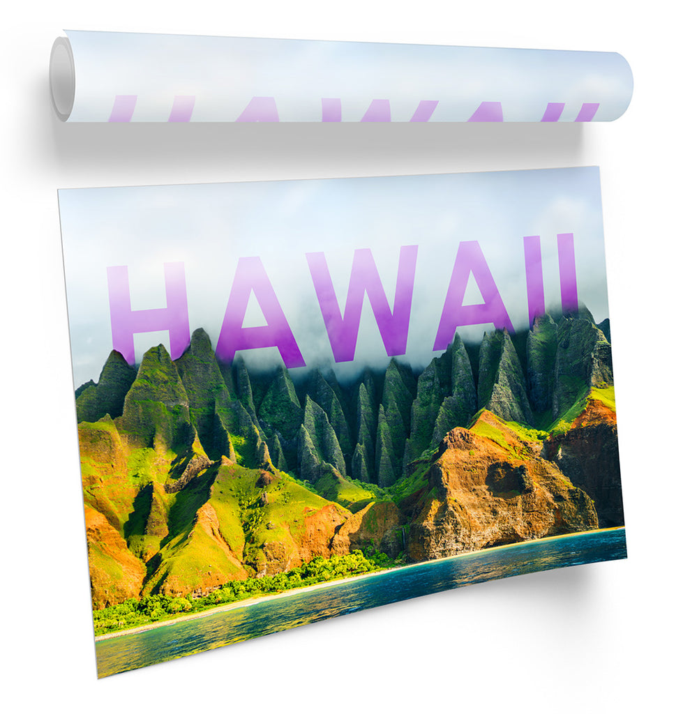 Hawaii Landscape Mountains Multi-Coloured Framed