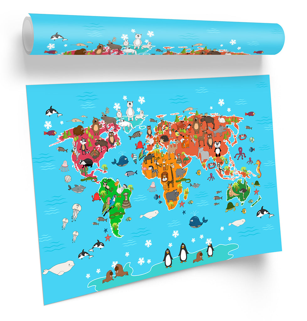 Map of World Animals Blue Framed
