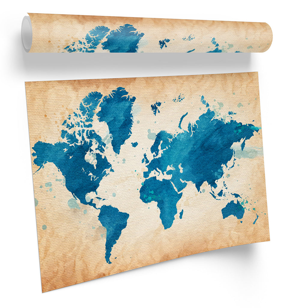 Map World Blue Grunge Framed