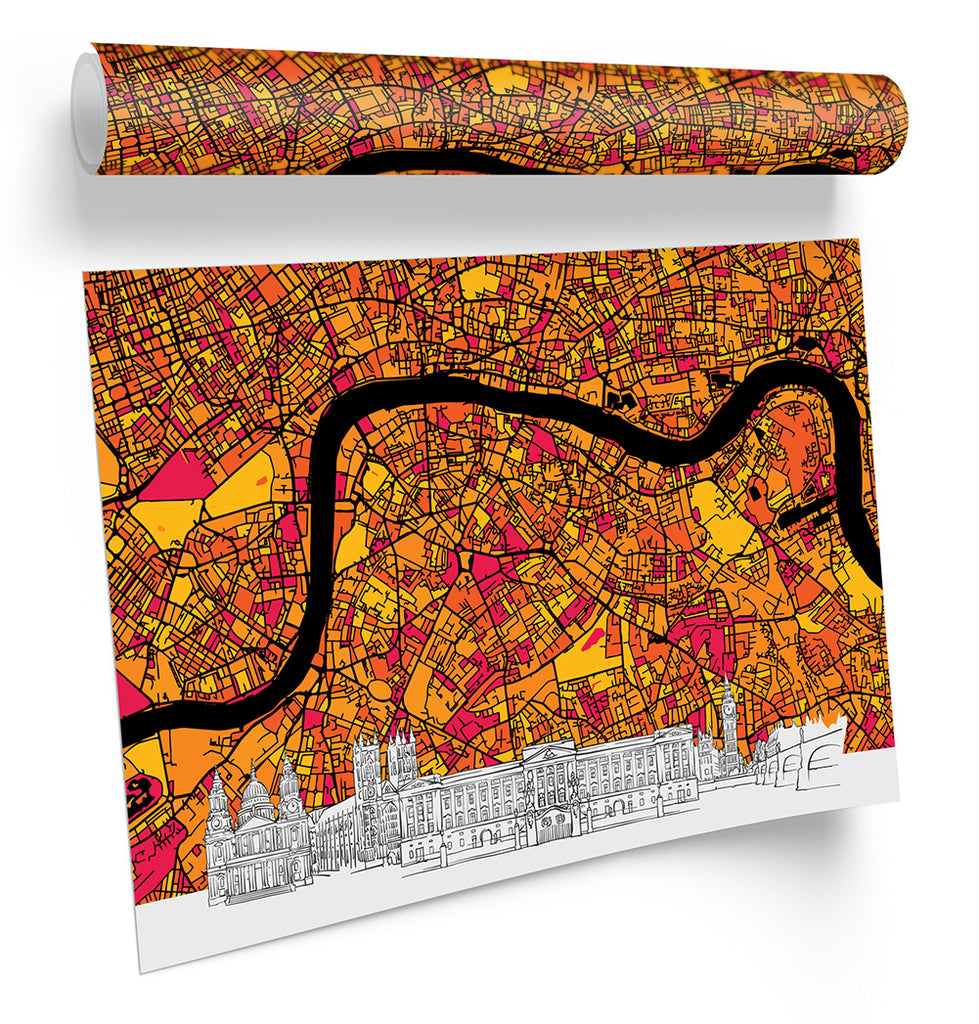 London Skyline Map Orange Framed