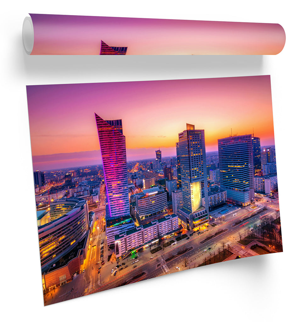 Warsaw City Skyline Poland Pink Framed