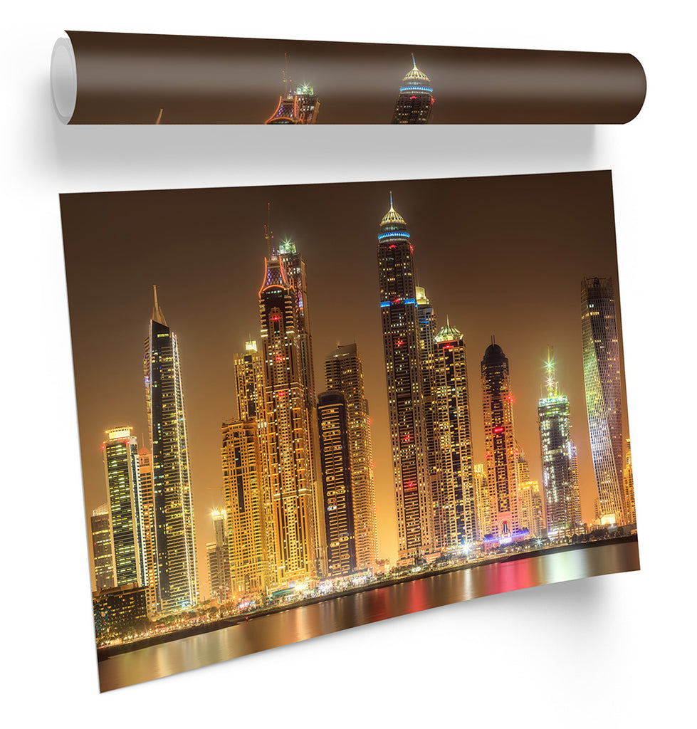 Dubai Skyline Brown Night Framed