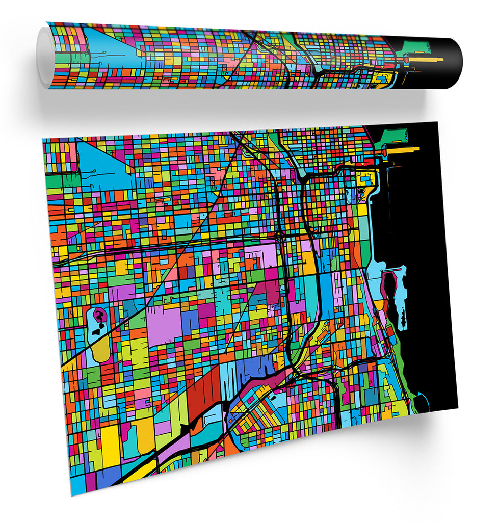 Chicago City Modern Map Multi-Coloured Framed