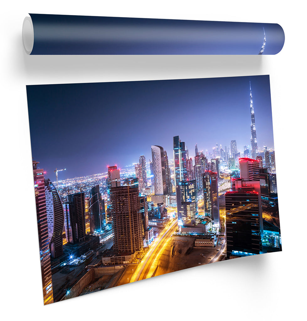 Dubai City Skyline Blue Framed