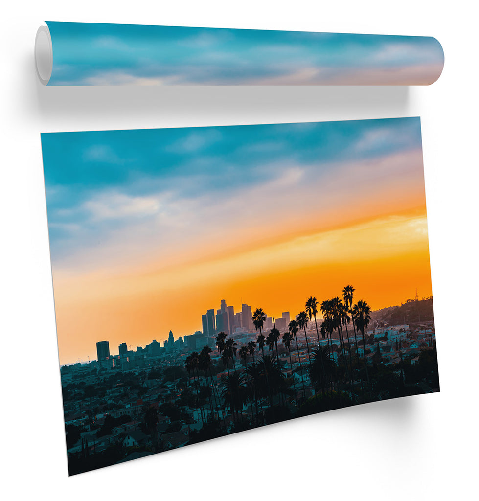 Los Angeles Skyline Sunset Orange Framed