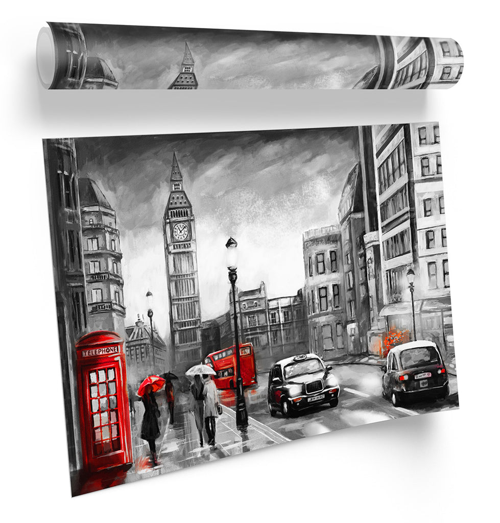 London Red Umbrella Cityscape Grey Framed