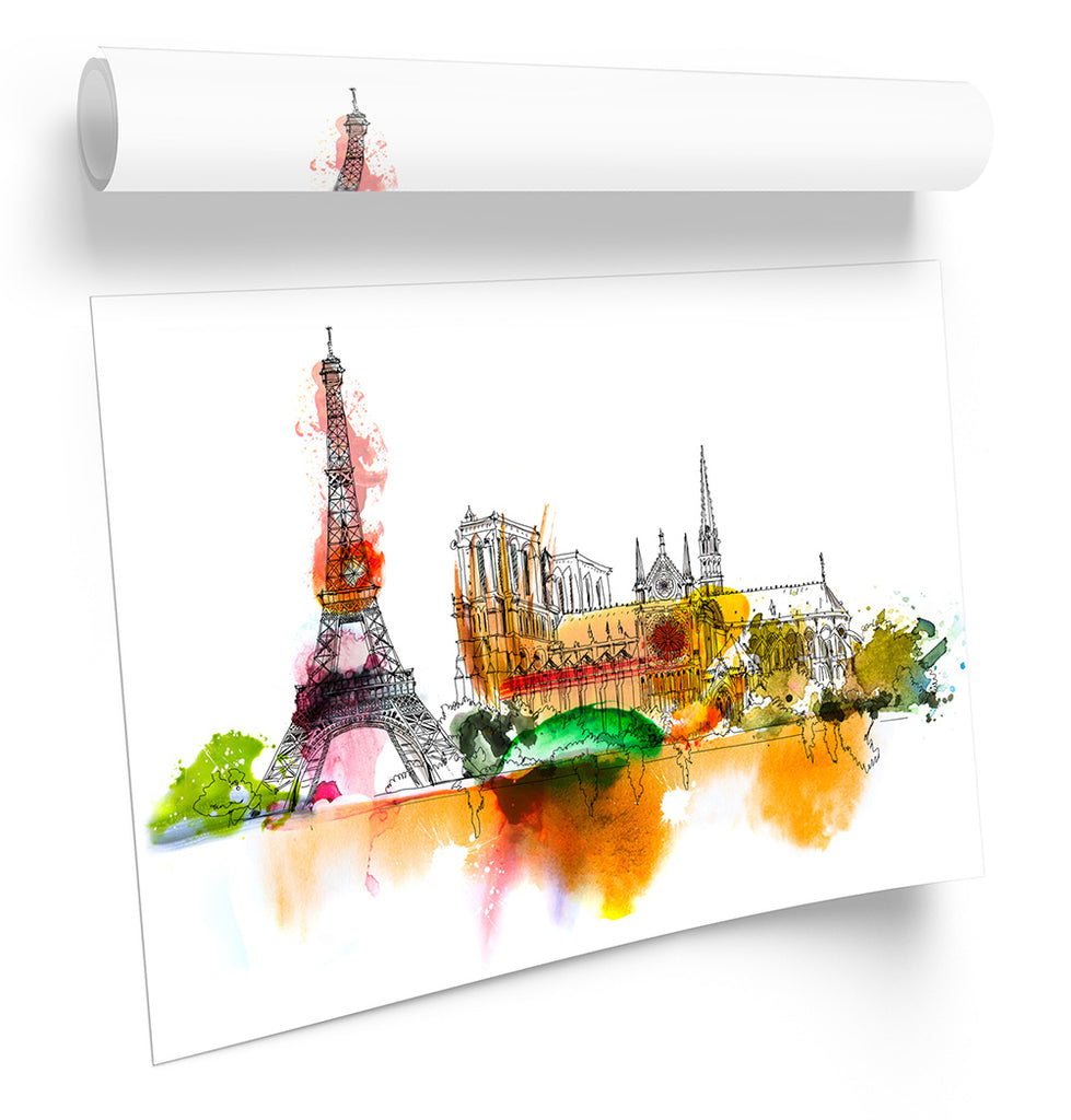 Notre Dame Paris Eiffel Tower Multi-Coloured Framed