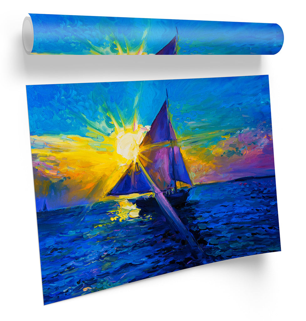 Blue Sail Boat Sunset Framed