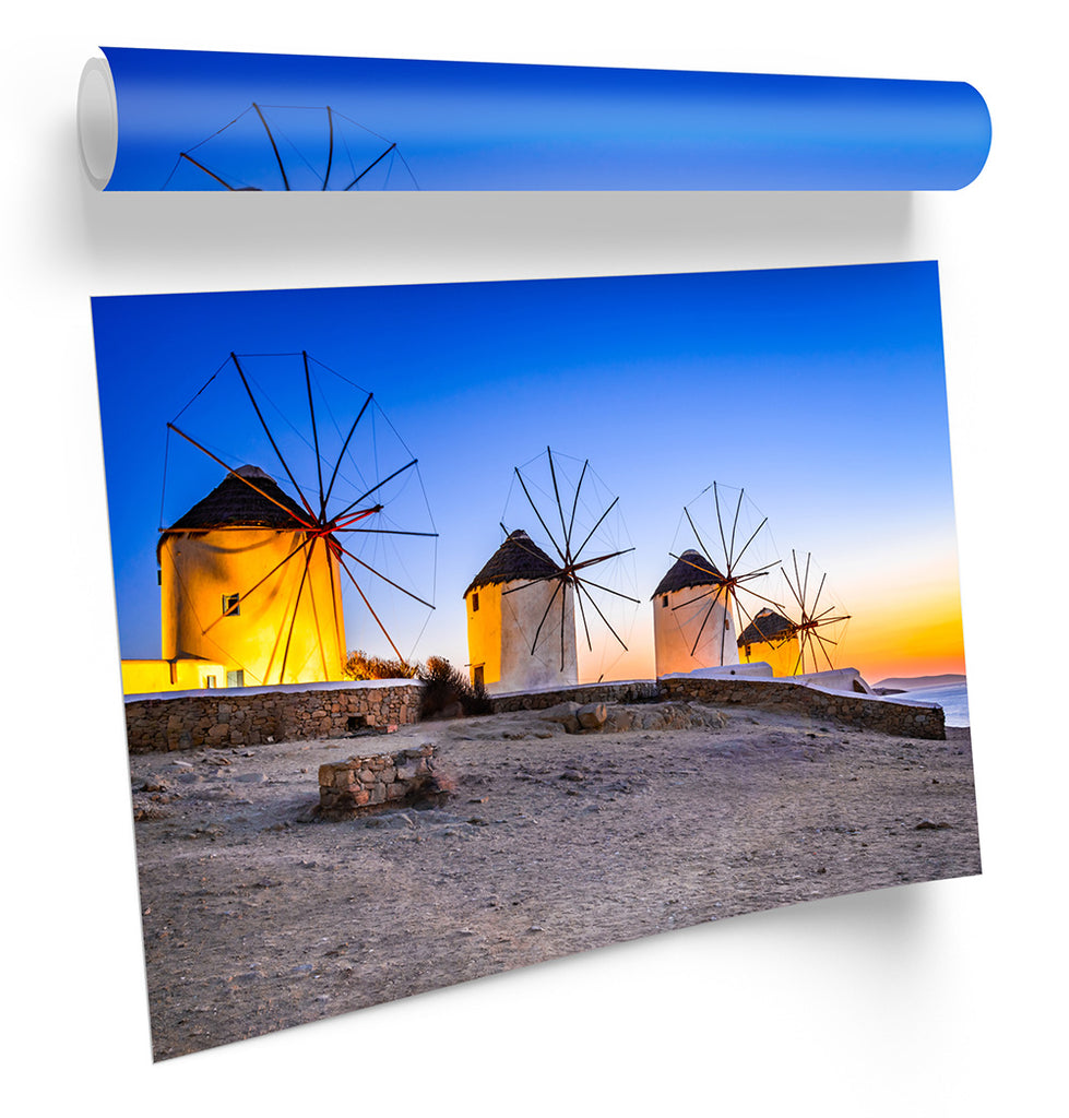 Mykonos Greek Windmills Blue Framed