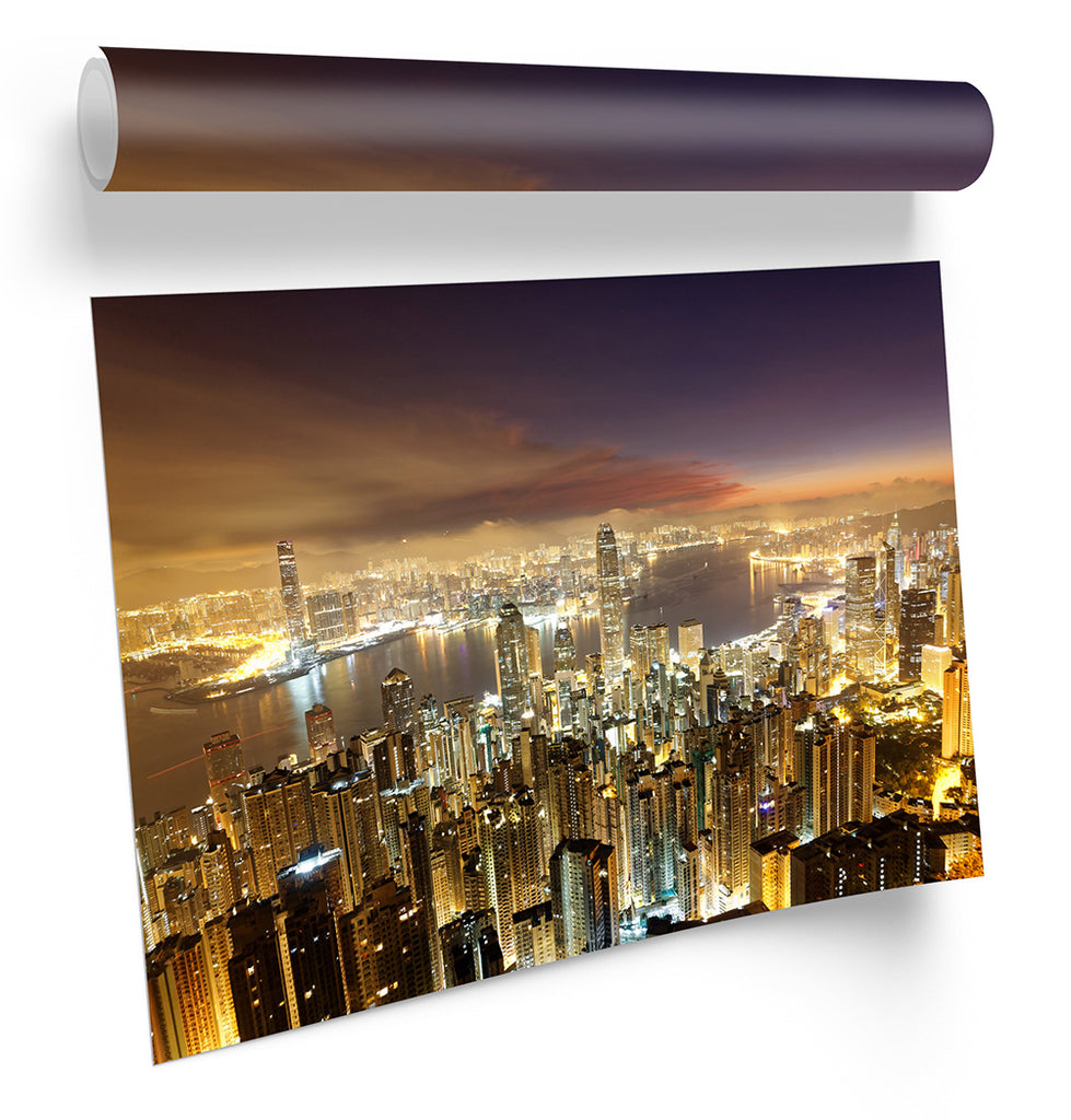 Hong Kong City Night Skyline Brown Framed