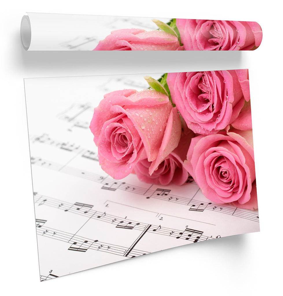Pink Rose Flowers Music Notes Framed