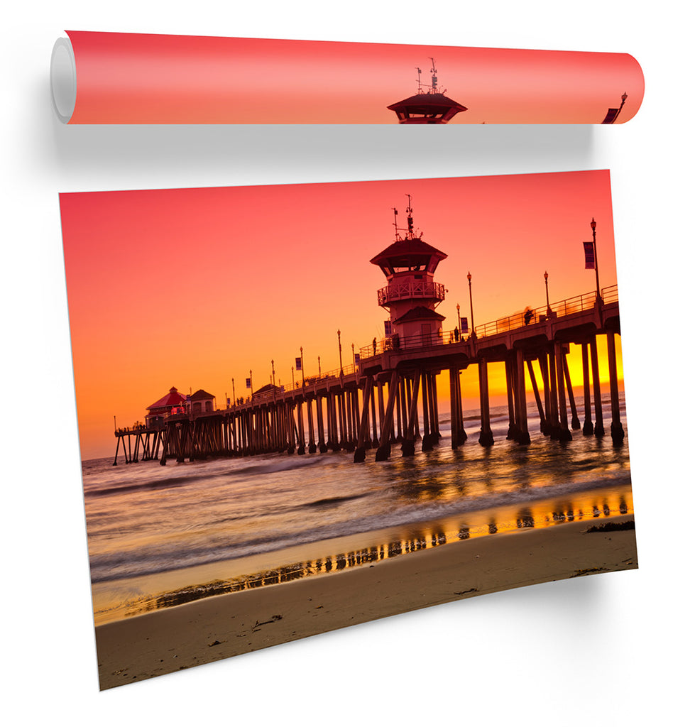 Huntington Beach Pier Orange Framed